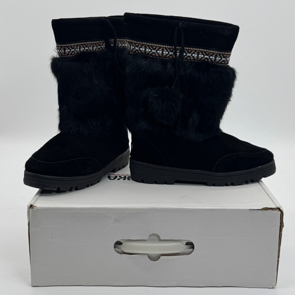 Minnetonka Mukluk Black Suede Rabbit Fur Shearling Boots 4909 Womens 8